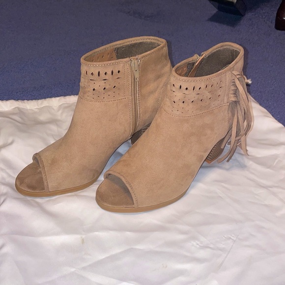 SO Suede Fringe Peep Toe Booties - Picture 2 of 5